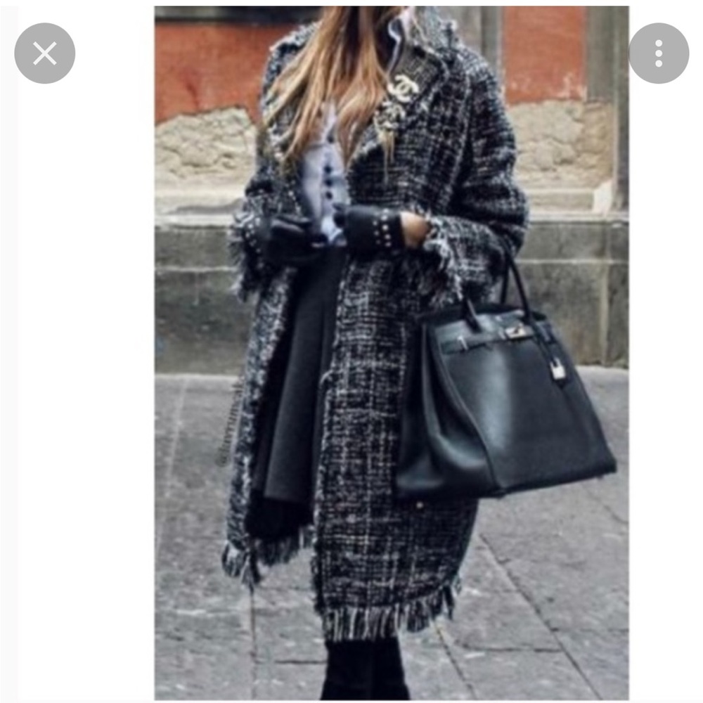 Zara Frayed Edge Tweed Wool Black Multi Coat.
